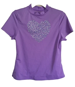 Lands' End 16 XL Purple Short Sleeve Rash Guard Sparkle Heart Top UPF 50 FLAW! - Picture 1 of 7