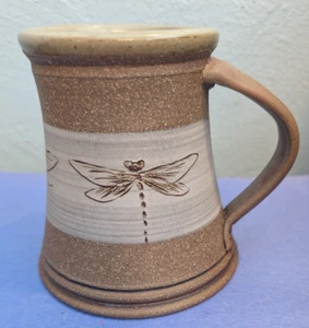 Dragonfly Coffee Cup Mug Studio Art Pottery Etched Textured Glaze Brown/Tan - Picture 1 of 10
