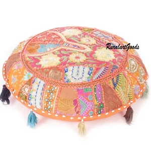 28 In Indian Handmade Cotton Pillow , Orange Multi Bohemian Floor Cushion Cover - Picture 1 of 6