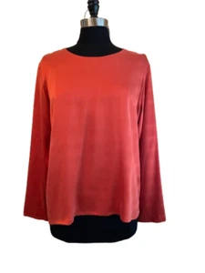 Long Sleeve Silk Blouse 100% Silk Round Neck Brick Orange Sz 10-12 ~ NWT - Picture 1 of 9