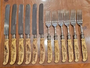 Vintage Zelluloid Griff Messer Gabel Sets (6) STERLING BANDS - siehe Bilder Universal - Bild 1 von 4