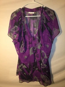 Top camicia Calvin Klein donna taglia XL floreale blusa viola trasparente cravatta collo carriera - Foto 1 di 3