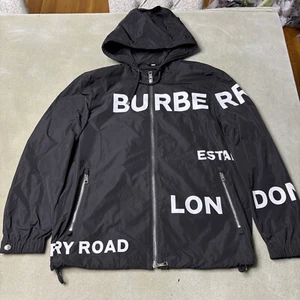 Burberry Jacket Mens 52 Black White Horseferry Logo Print Hooded Windbreaker - Picture 1 of 9