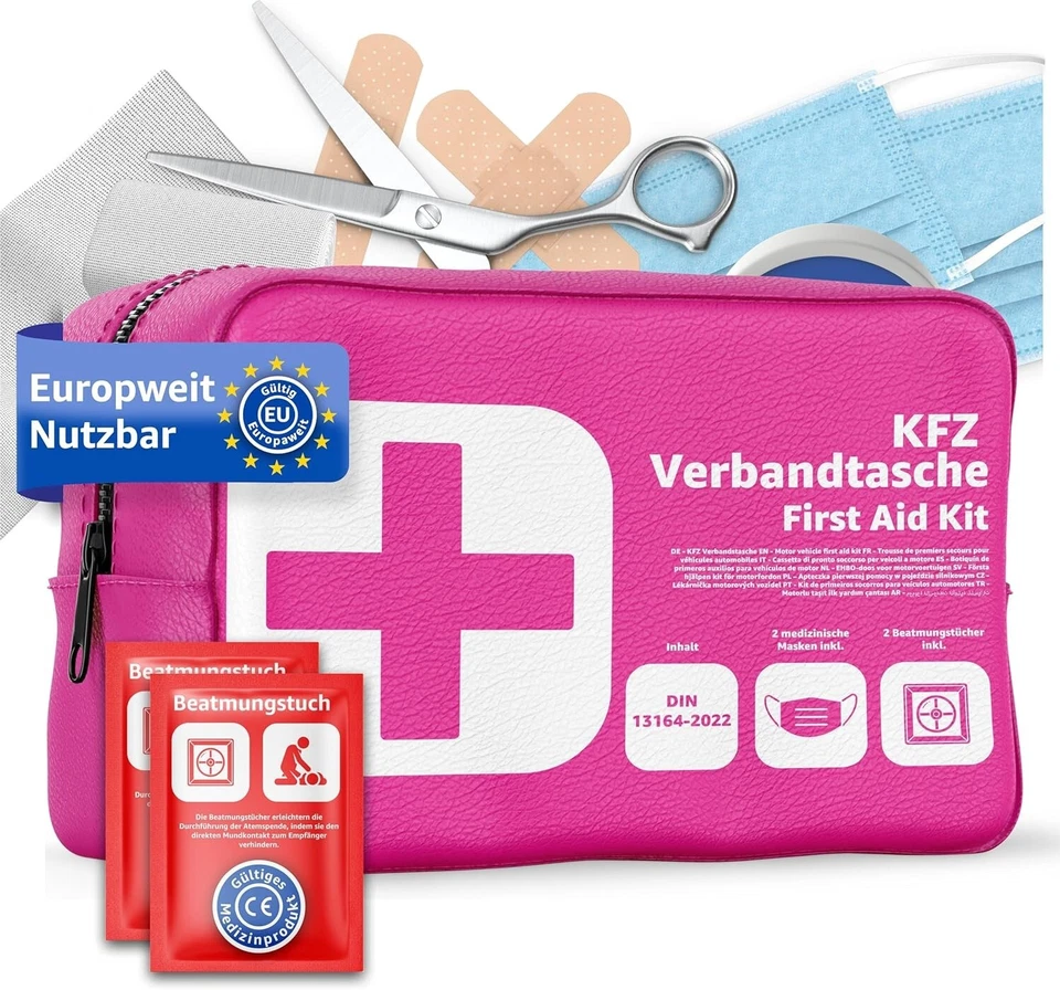 First Aid Kit Vehicle Standard 2026 with Respiratory Wipes - First Aid Kit Car PINK