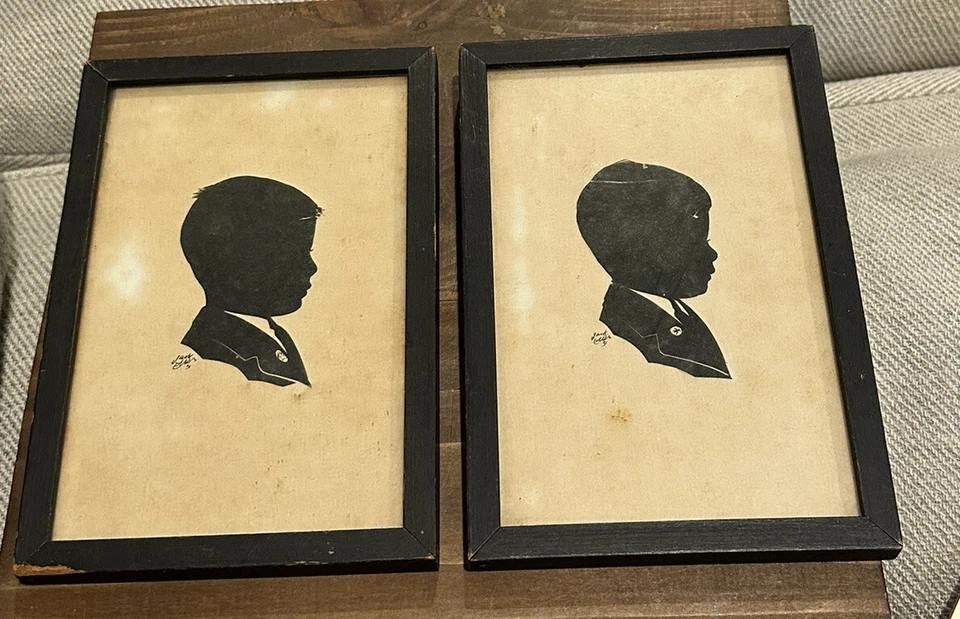 Antigua silueta de papel enmarcada de 2 piezas firmada por el artista Jack Ellis 1931 AMERICANA Foto 1 de 4