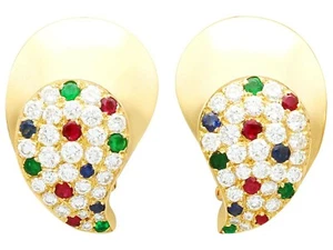 1.97 ct Diamond 0.30 ct Ruby 0.25 ct Emerald, Sapphire 18ct Yellow Gold Earrings - Picture 1 of 9