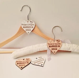Personalised Wedding Heart Coat Hanger Tags Married In Laser Engraved Keepsake - Picture 1 of 5