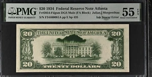 1934 $20 FRN Atlanta Fr#2054-FDGSM Mule Ink Smear Error- PMG 55 AU - Picture 1 of 4