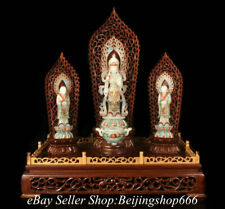 10.8" Top Chinese Hetian White Jade Nephrite Carved Buddha Guan Yin Statue Set