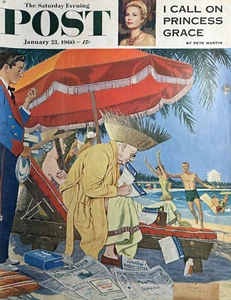 1960 Saturday Evening Post Beach Radiogram Original Magazine Cover Only - Foto 1 di 1