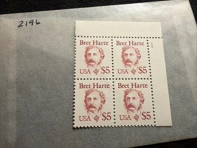 Great American Issue SCOTT #2196  VF MINT  NH  1987  $5 BRET HARTE  PLATE BLOCK - Image 1 of 2