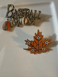 VTG Costume Brooch Lot – 2 Pcs. Fall Leaf, Baseball Mom. - Picture 1 of 15