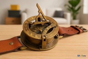 Reloj de cuero con esfera de sol brújula de latón cuero dorado antiguo brillo inusual Reino Unido - Imagen 1 de 6