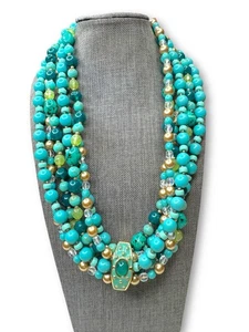 Joan Rivers 3 Strand Teal Green Beaded Necklace Set Enhancer with Box Paperwork - Picture 1 of 8