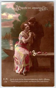 1910's RPPC HANDCOLORED ROMANTIC COUPLE AT LOVERS LAKE BEAUTIFUL FRENCH POSTCARD - Picture 1 of 2