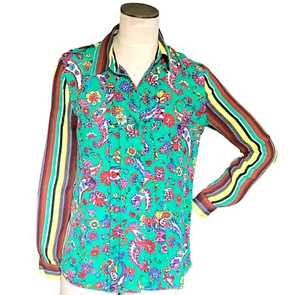 DURO OLOWU S Multicolor Mixed Floral/Stripe Print Pleated Button Up Top 164C - Picture 1 of 10