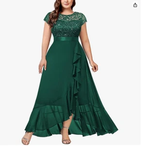 Miusol Plus Size Sequin Floral Lace Ruffle Formal Evening Dress (Green, 2XL) - Picture 1 of 4