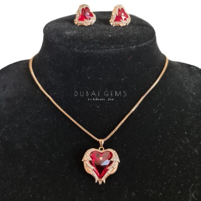 Rose gold finish Ruby heart cut wings created diamond necklace And Earrings  - Image 1 of 4