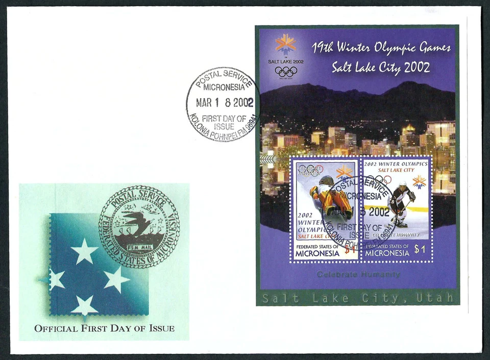 MICRONESIA, SCOTT # 487A, FDC COVER OF WINTER OLYMPIC GAMES OF SALT LAKE CITY - Image 1 of 1