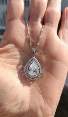 Natural White Zircon Double Halo Pendant & Chain, Sterling Silver, 18" - Image 1 of 4