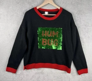 Bah Hum Bug Womens Sweater Black Flip Sequin Long Sleeve Christmas - Picture 1 of 12