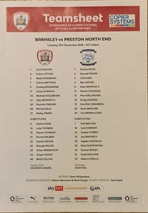 Barnsley v Preston North End, 15/12/20, Official Team Sheet - Picture 1 of 1