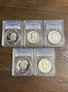 5 KURSMÜNZENSATZ: 1971 S - 1976 S Eisenhower Ike Silber Dollar PCGS PR69DCAM - Bild 1 von 9