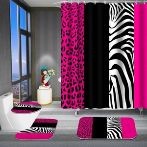 4 Pcs Bathroom Shower Curtain Set,Rosy Leopard Print Shower Curtain Bright St... - Foto 1 di 6