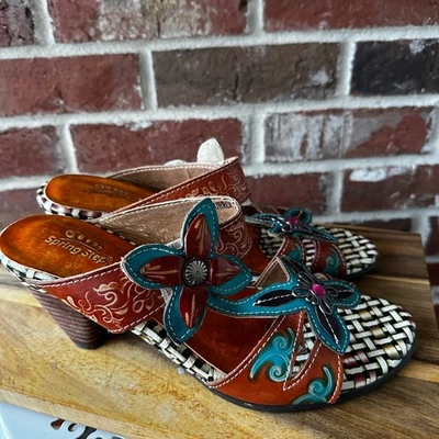 Spring Step Durrow 女式棕色皮革花朵骡子凉鞋 39 8.5 码 — 第 1/4 张图片