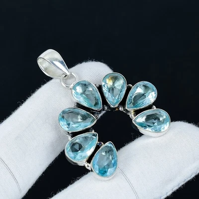 Pendente In Gemma Acquamarina In Argento 925 Fatti A Mano Per Regali Di Natale - Immagine 1 di 4