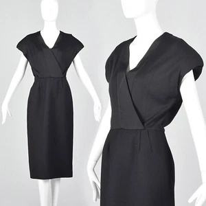 Small 1980s Geoffrey Beene Black Pencil Dress Shaped Shoulders Pockets 80s VTG - Picture 1 of 9