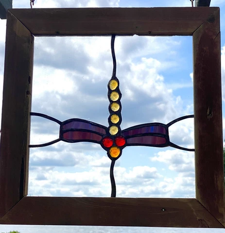 Dragon Fly Framed Stained Glass Window Purple Wings Cover