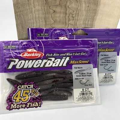 (2) Berkley PowerBait MaxScent Flat Worm 4,25” NEGRO HUMO PÚRPURA - ¡ENVÍO RÁPIDO! Foto 1 de 3