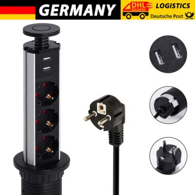 Tischsteckdose 3 Fach Versenkbar mit USB Steckdose Schreibtisch Strom Küche DHL - Bild 1 von 4
