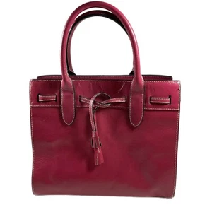 Piel De Vaca Fuschia Pink Leather Purse 2 Handle Handbag/Tie On Front 5 Pockets - Picture 1 of 3
