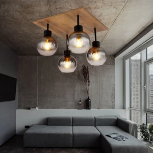 Lampada Da Soffitto In Legno Lampada Da Soggiorno In Vetro Fumè Nero - Foto 1 di 9