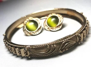 Green Cat Eye Earrings & Bracelet Set, Lovely Vintage Ornate Bangle Bracelet and - Picture 1 of 6