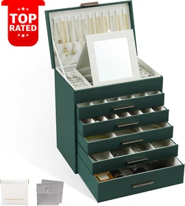 Large 6 Layer Jewelry Box Organizer Leather Case with Mirror for Women Girls - Picture 1 of 12