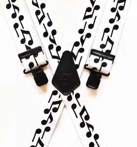 Mens Braces 2" or 1.5" Heavy Duty Jazz Music White Black Notes Black Clips Work - Picture 1 of 5