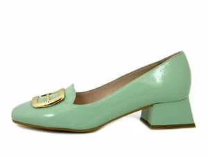 Mocassini Donna 37 Pelle Lucida Verde Acqua Tacco Basso Made in Italy - Picture 1 of 5