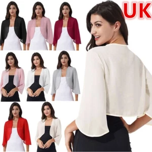 UK Women Elegant Chiffon Open Front Cardigan 3/4 Flared Sleeve Bolero Shrug Wrap - Picture 1 of 76
