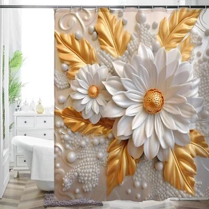 Luxurious Golden Floral Shower Curtain Beige Tone with White Flower Pearlesce... - Picture 1 of 7