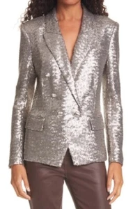 L’AGENCE Kenzie Silver Sequin Double Breasted Blazer-Silver Button-Women Size 4 - Picture 1 of 9