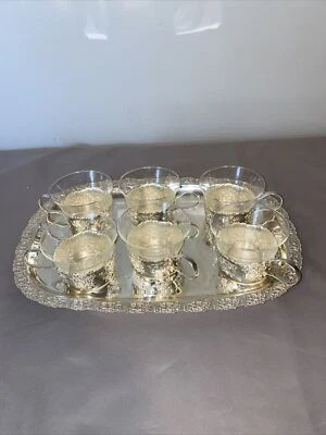 "Bandeja color plata y 6 portavasos con inserciones de vidrio 14""" Foto 1 de 4
