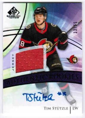 20/21 SP GAME USED TIM STUTZLE #160 AUTHENTIC ROOKIES JERSEY AUTO PURPLE /65 - Image 1 of 2
