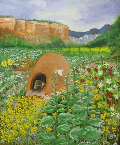 Southwest Kiva Meadow Flowers 24x20 Landscape Nordy Original Acrylic Painting - Picture 1 of 11