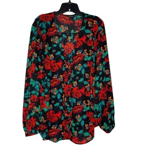 Camicetta floreale torrida più 2x nero rosso verde volant davanti manica lunga boho chic - Foto 1 di 7