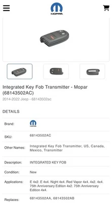 NEW Genuine Mopar 68143502AC Key Fob Transmitter Jeep - Image 1 of 3