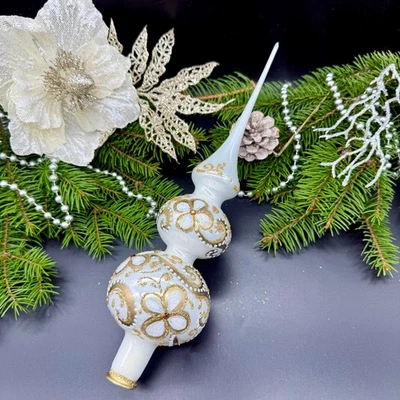 White and Gold Glass Tree Topper – Handmade Christmas Ornament – Elegant Design - Image 1 of 4