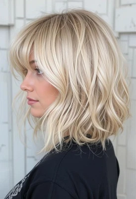 Short Warm White Blonde Wigs with Bangs 100% Human Hair Lace Front Wigs - Image 1 of 3